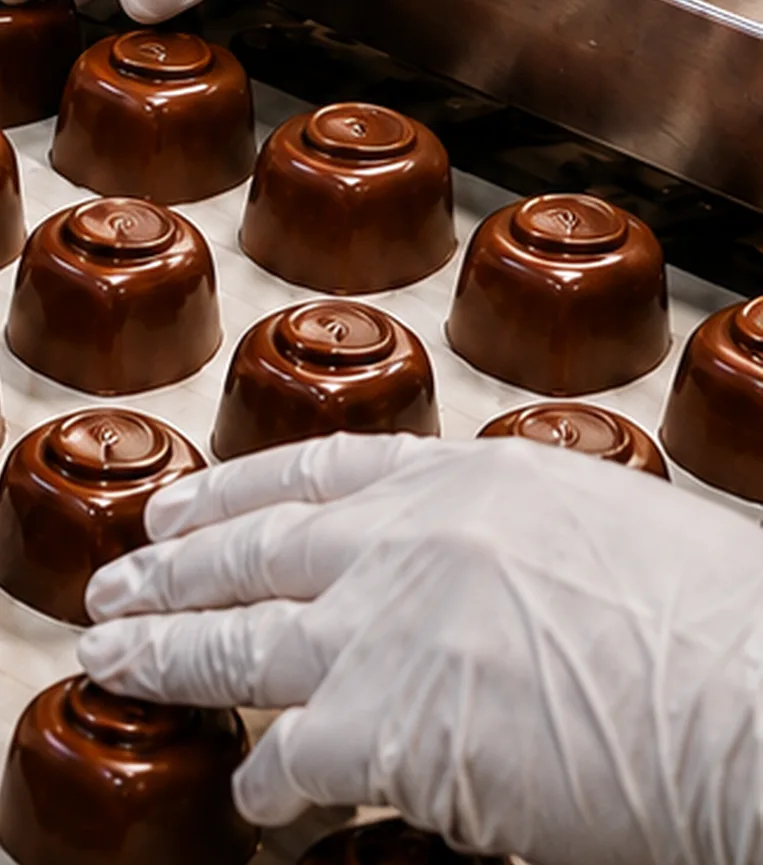 Copos de chocolate recheados sendo conferidos à mão na linha de moldagem