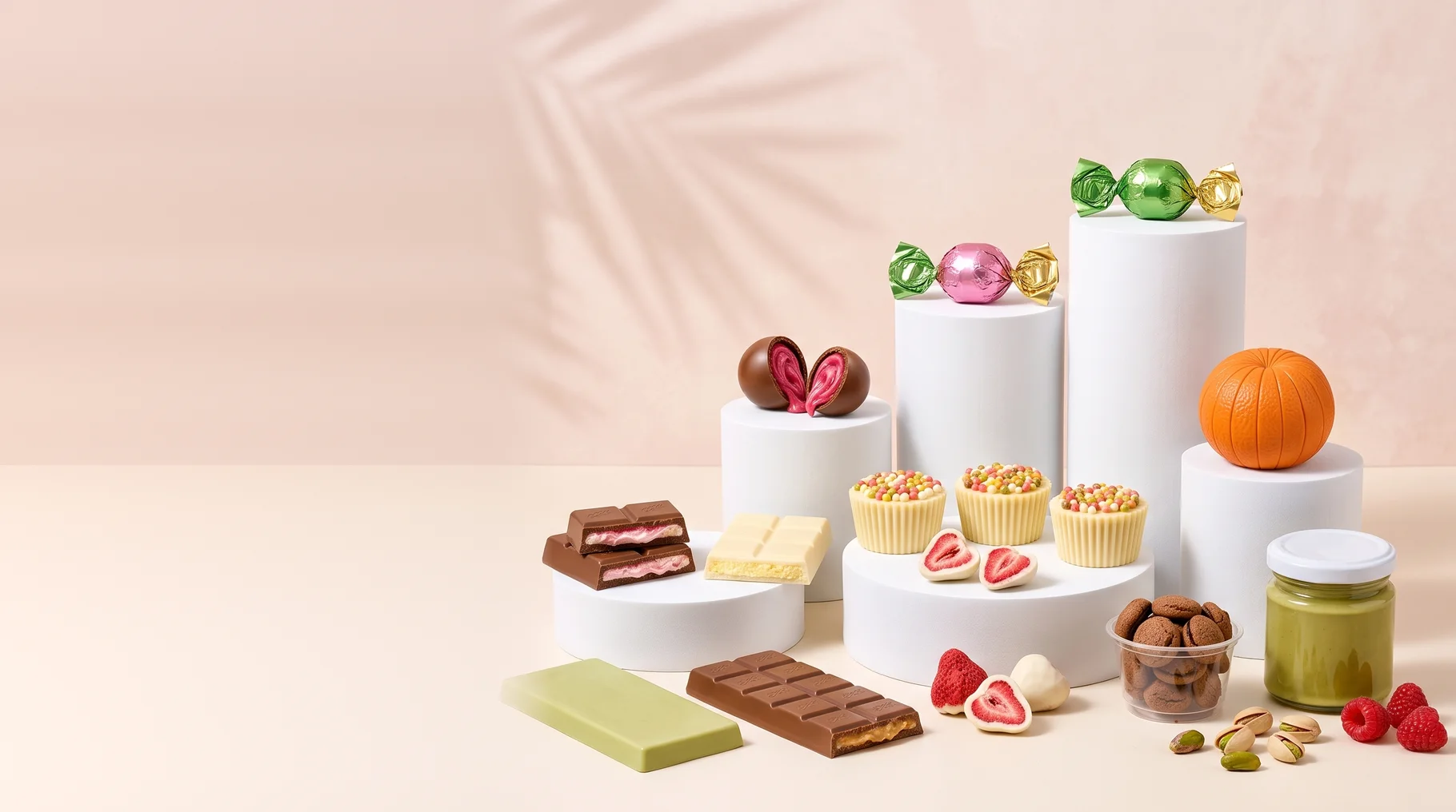 Pralinês recheados, tabletes, barras de matcha e cheesecake, chocolates em forma de cupcake e cremes sobre pódios brancos