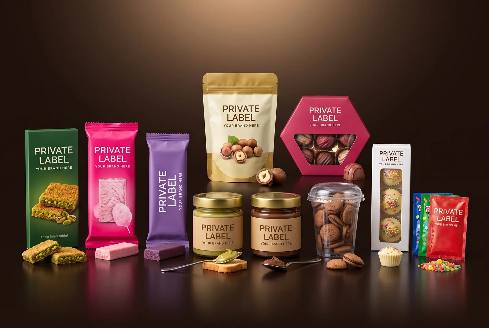 Embalagens de marca própria com o produto ao lado de cada uma: caixa de tabletes recheados, barras, doypack de drágeas, caixa de pralinês, potes de creme, copo de biscoito, caixa de cupcakes e sachês de balas efervescentes
