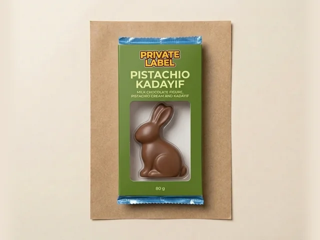 Figura de coelho, chocolate ao leite com creme de pistache e kadayif