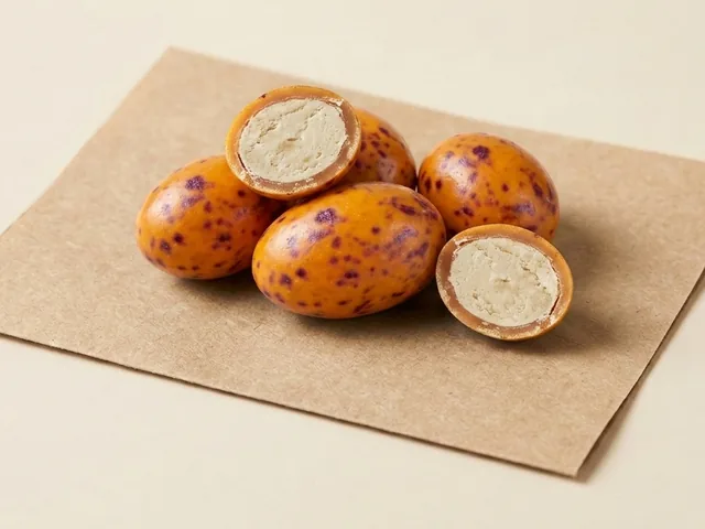 ดราเช่รูปไข่นกกระทา ไส้เชอร์รีเปรี้ยว ลายจุดสีส้ม
