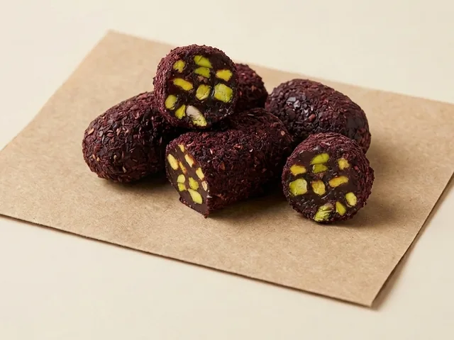 Rolo estilo Alepo com pistache, coberto de flor de romã