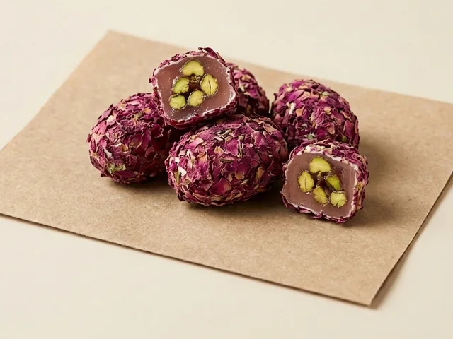 Bastão de romã com pistache e pétalas de rosa